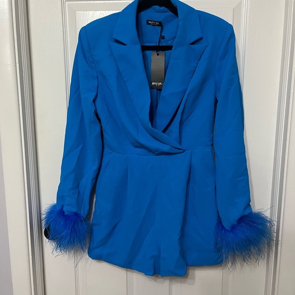 NWT Nasty Gal feather sleeve blazer romper‎ blue 4 - Picture 2 of 6